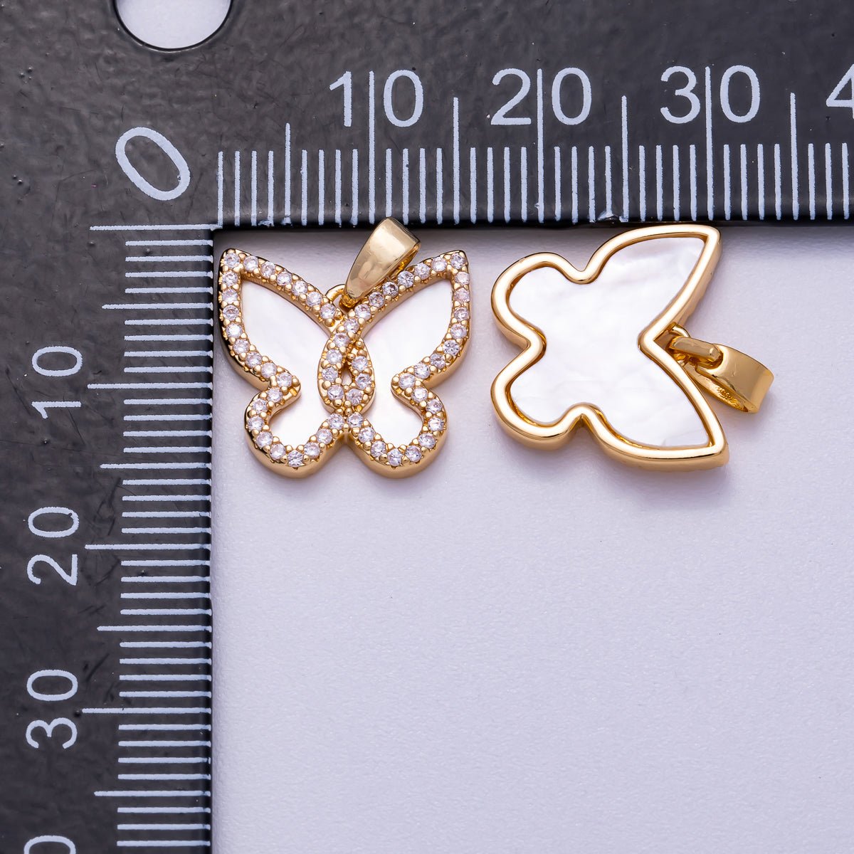 18K Gold Filled 14mm White Shell Pearl Micro Paved CZ Butterfly Bezel Mini Pendant | Charms - 00550 - DLUXCA