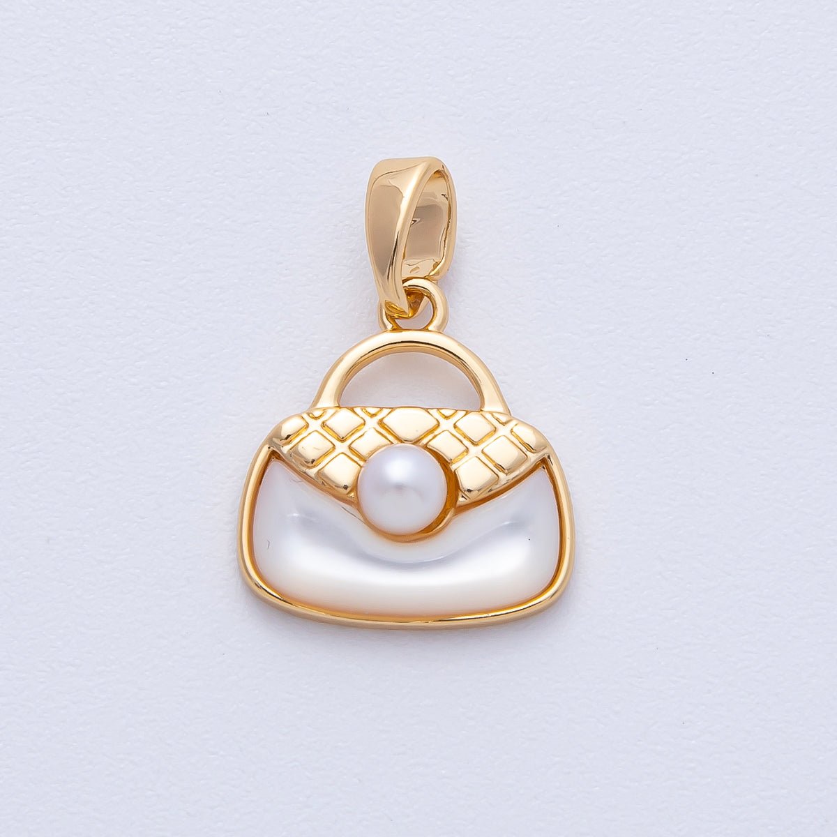18K Gold Filled 14mm White Shell Pearl Quilted Top Handle Bag Pendant | H042 - DLUXCA