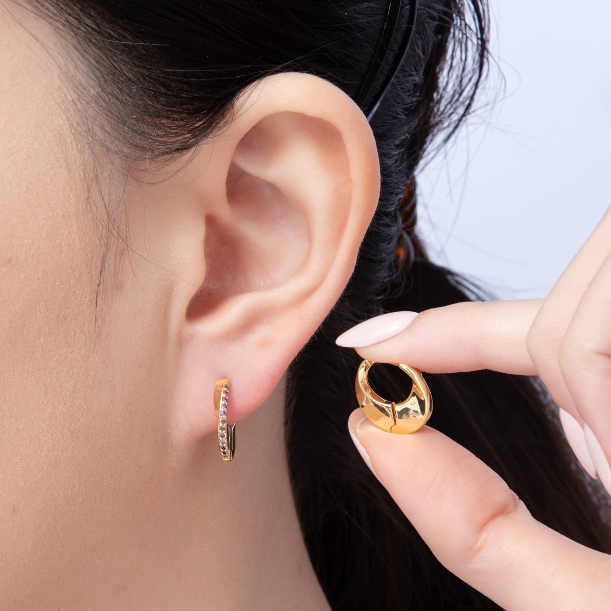 18K Gold Filled 15.3mm Micro Paved CZ Geometric Edged Hoop Earrings | Q166 - DLUXCA