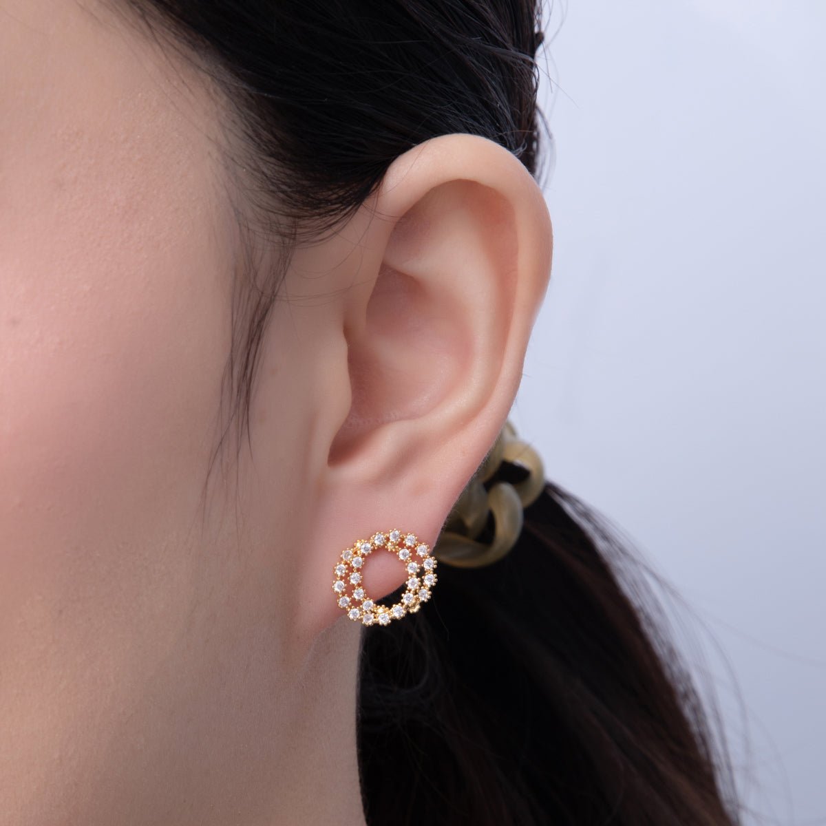 18K Gold Filled 15.5mm Clear CZ Double Circular Open Round Stud Earrings | AD1619 - DLUXCA