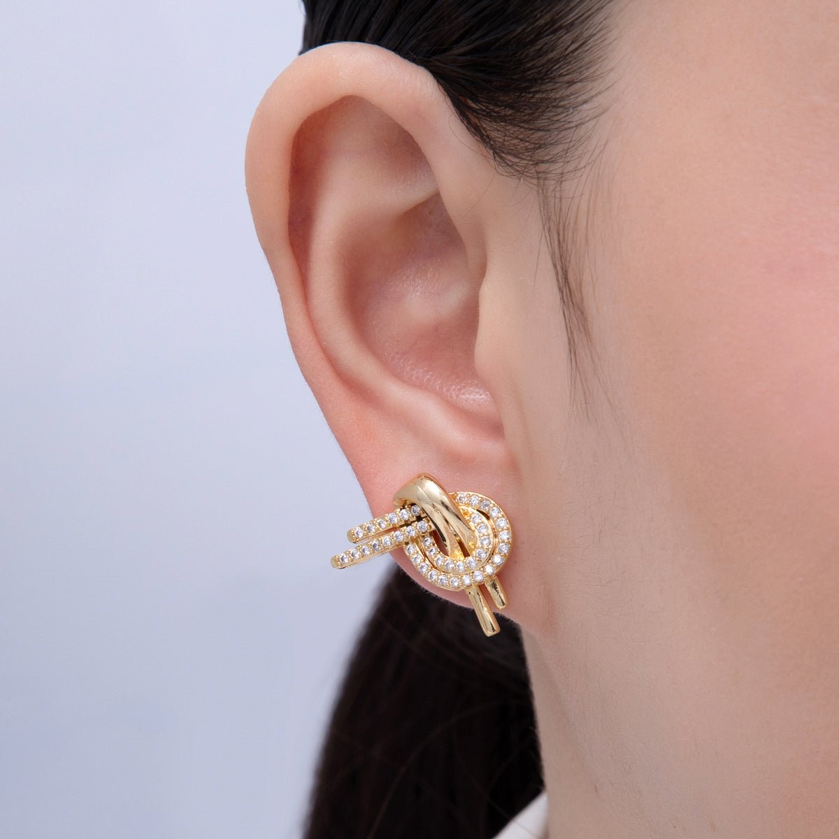 18K Gold Filled 15.5mm Micro Paved CZ Knot Stud Earrings | T126 - DLUXCA
