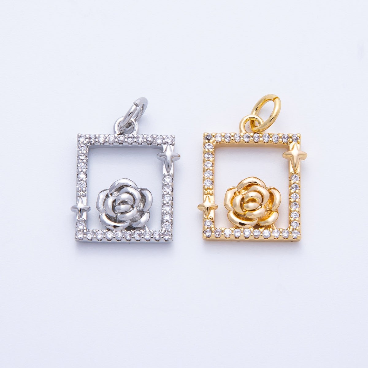 18K Gold Filled 15.5mm Rose Flower Open Micro Paved CZ Rectangle Charm in Gold & Silver | Charms - 00375 Charms - 00376 - DLUXCA
