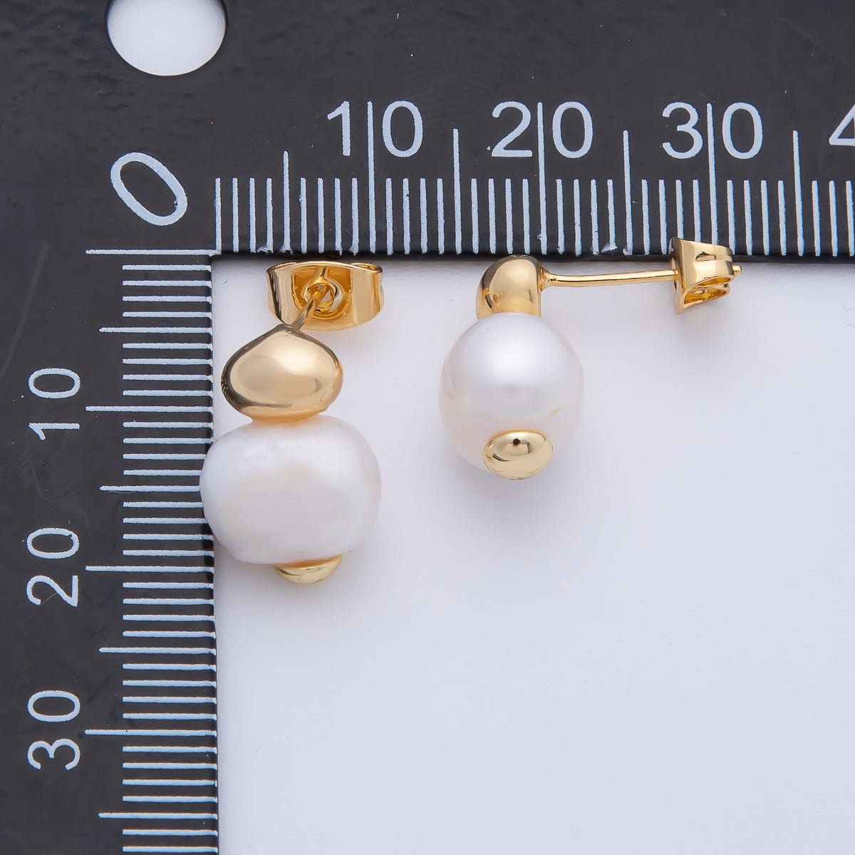 18K Gold Filled 15mm Channel Set Round Pearl Drop Studs Earrings | AD1587 - DLUXCA