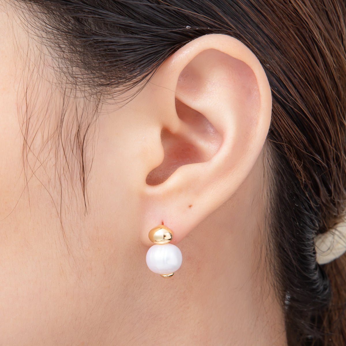 18K Gold Filled 15mm Channel Set Round Pearl Drop Studs Earrings | AD1587 - DLUXCA