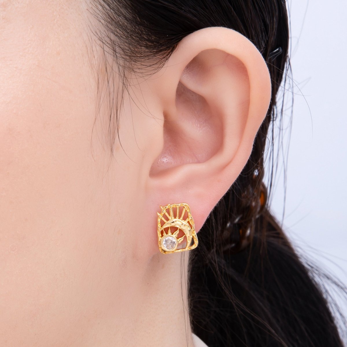 18K Gold Filled 15mm Clear CZ Celestial Sun Moon Molten Rectangle Stud Earrings | Earrings - 00238 - DLUXCA