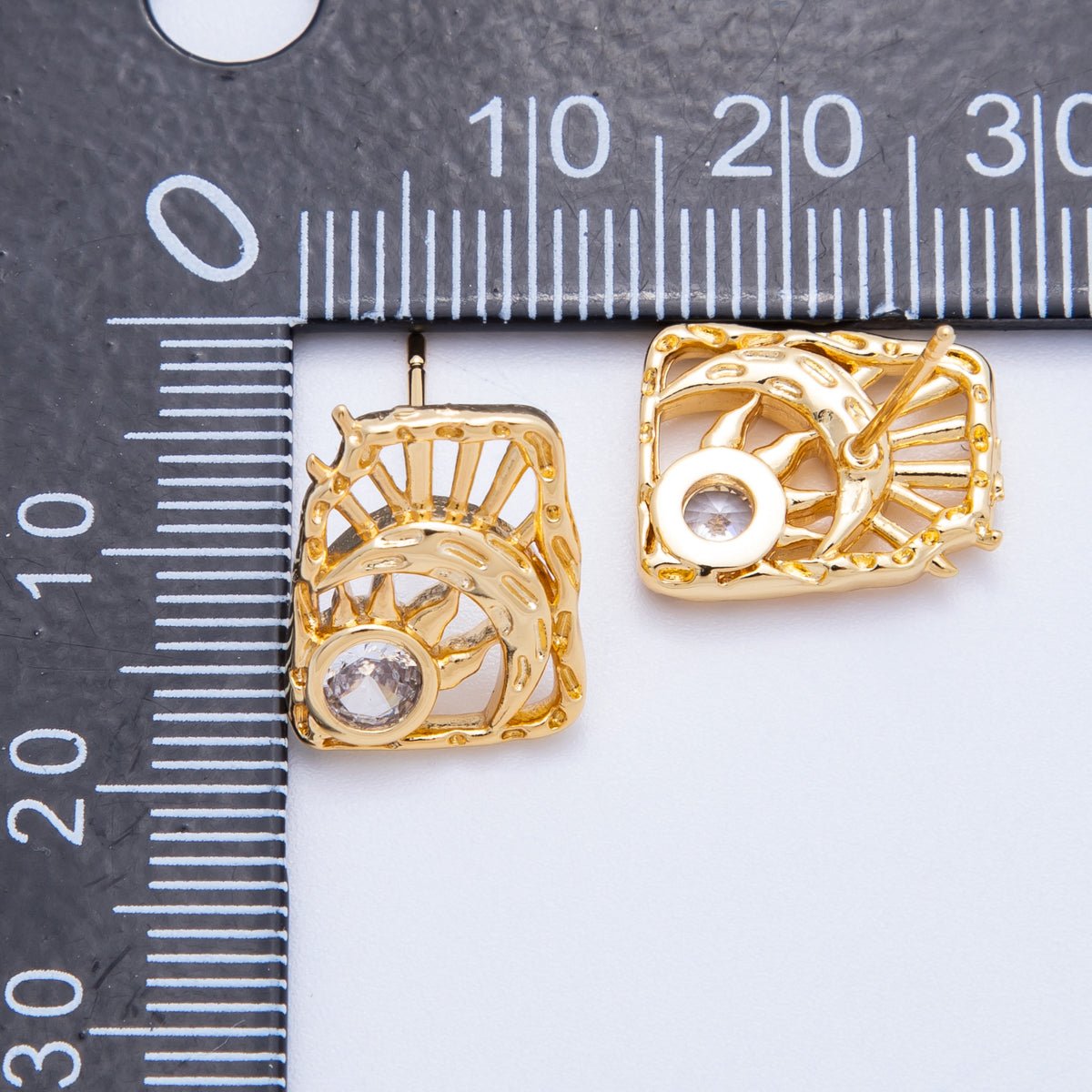 18K Gold Filled 15mm Clear CZ Celestial Sun Moon Molten Rectangle Stud Earrings | Earrings - 00238 - DLUXCA