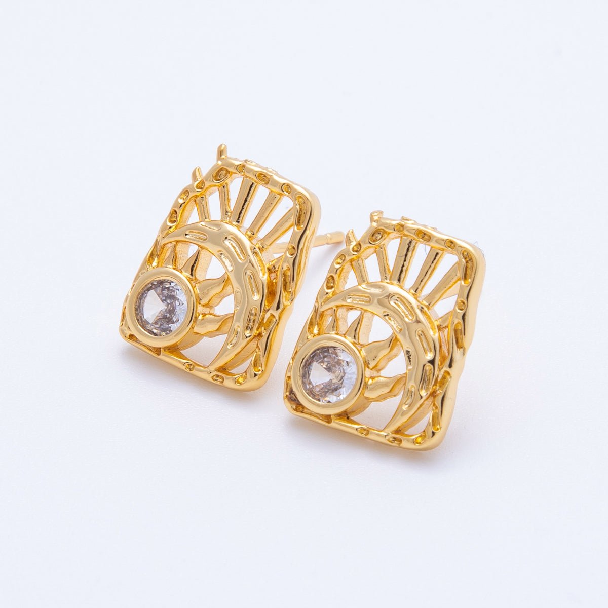18K Gold Filled 15mm Clear CZ Celestial Sun Moon Molten Rectangle Stud Earrings | Earrings - 00238 - DLUXCA