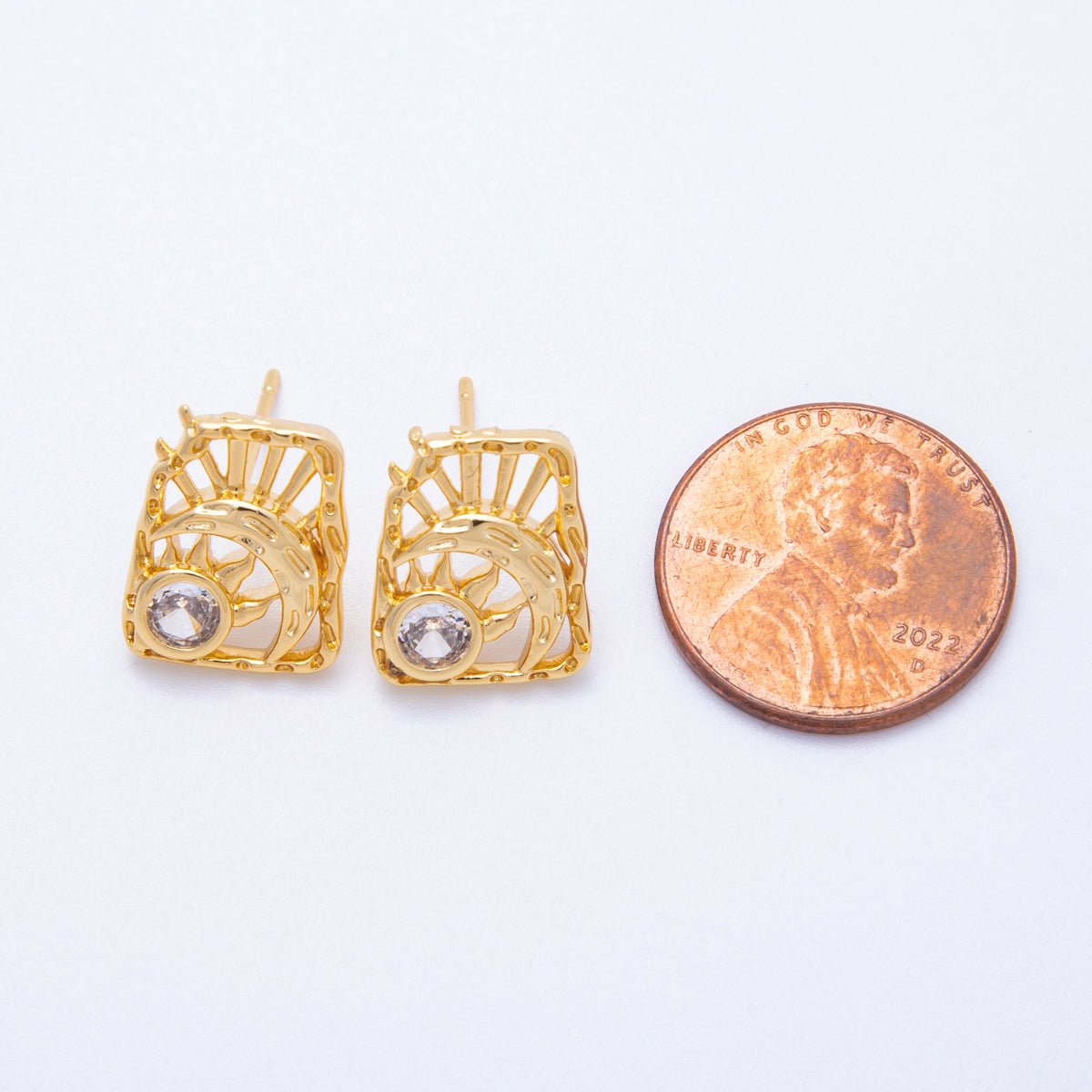 18K Gold Filled 15mm Clear CZ Celestial Sun Moon Molten Rectangle Stud Earrings | Earrings - 00238 - DLUXCA