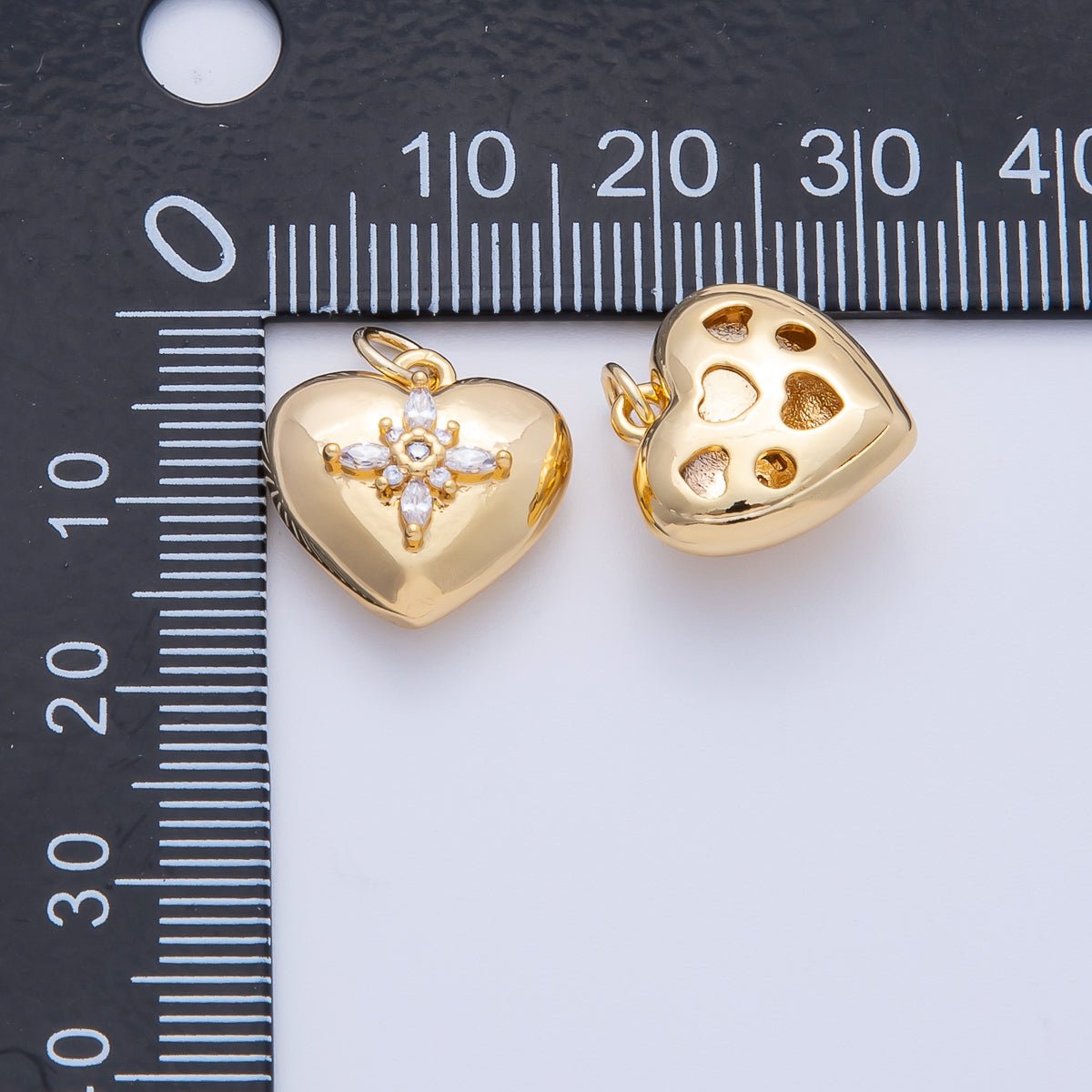 18K Gold Filled 15mm Clear CZ Religious Cross Heart 3D Multidimensional Charm | Charms - 00052 - DLUXCA