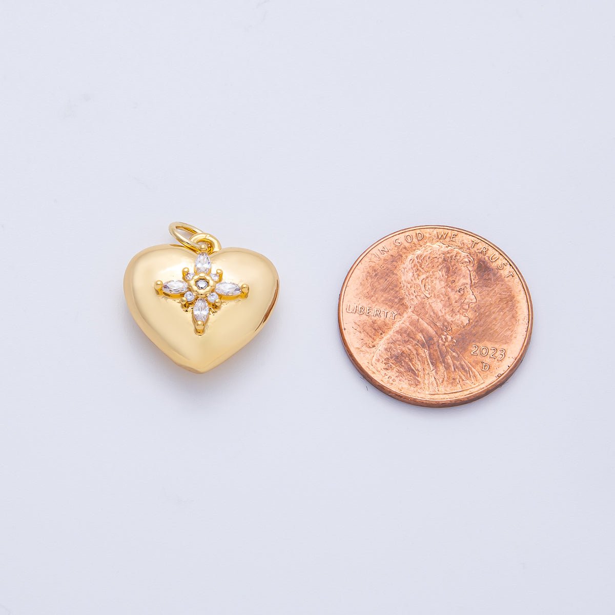 18K Gold Filled 15mm Clear CZ Religious Cross Heart 3D Multidimensional Charm | Charms - 00052 - DLUXCA