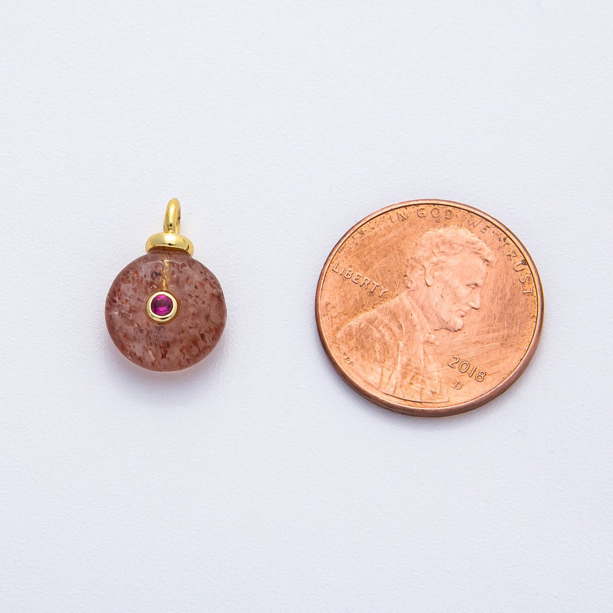 18K Gold Filled 15mm Fuchsia CZ Round Strawberry Quartz Gemstone Drop Charm | AF1373 - DLUXCA
