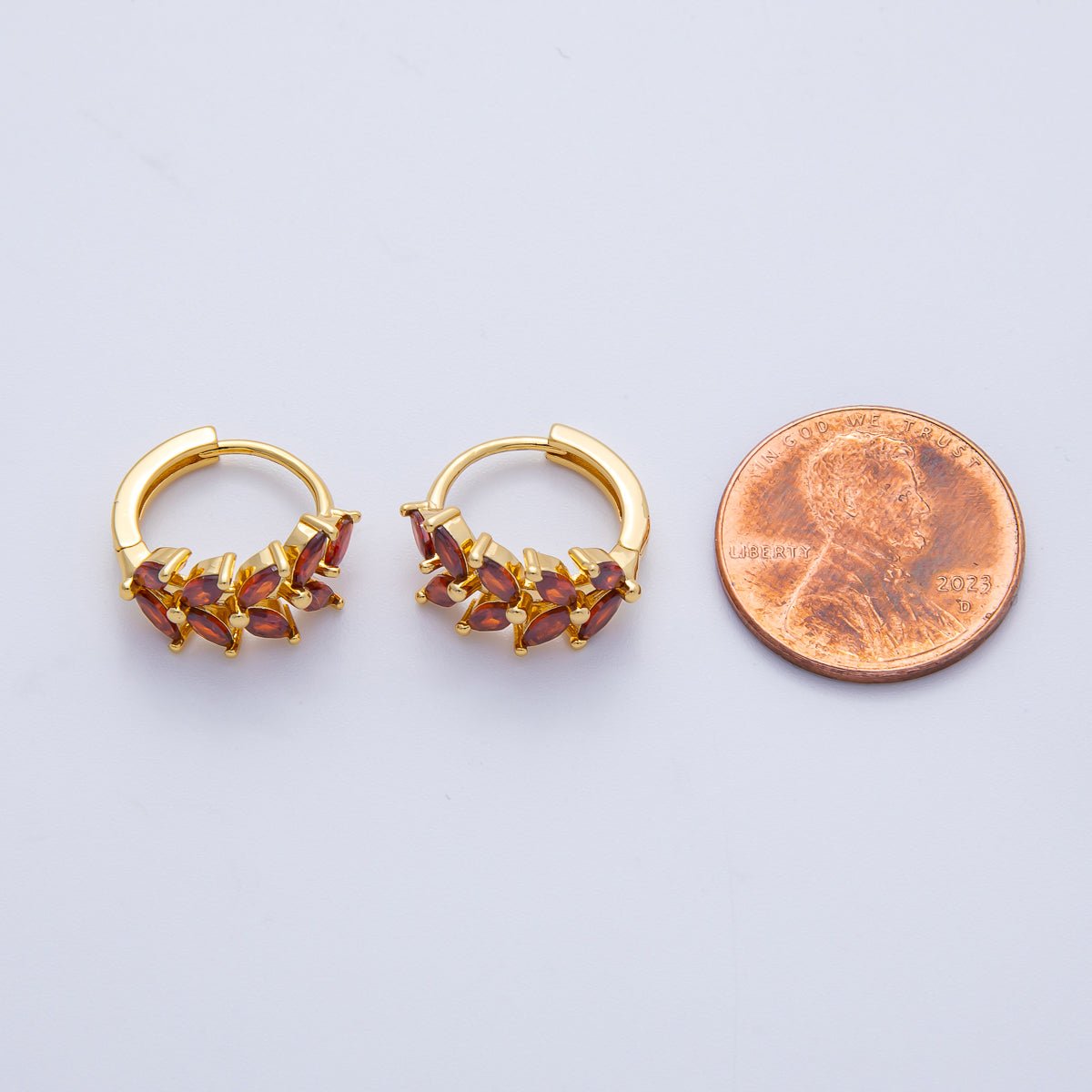 18K Gold Filled 15mm Green Red CZ Olive Sparkling Leaf Hoop Earrings | EARRINGS 00037 - 00038 - DLUXCA