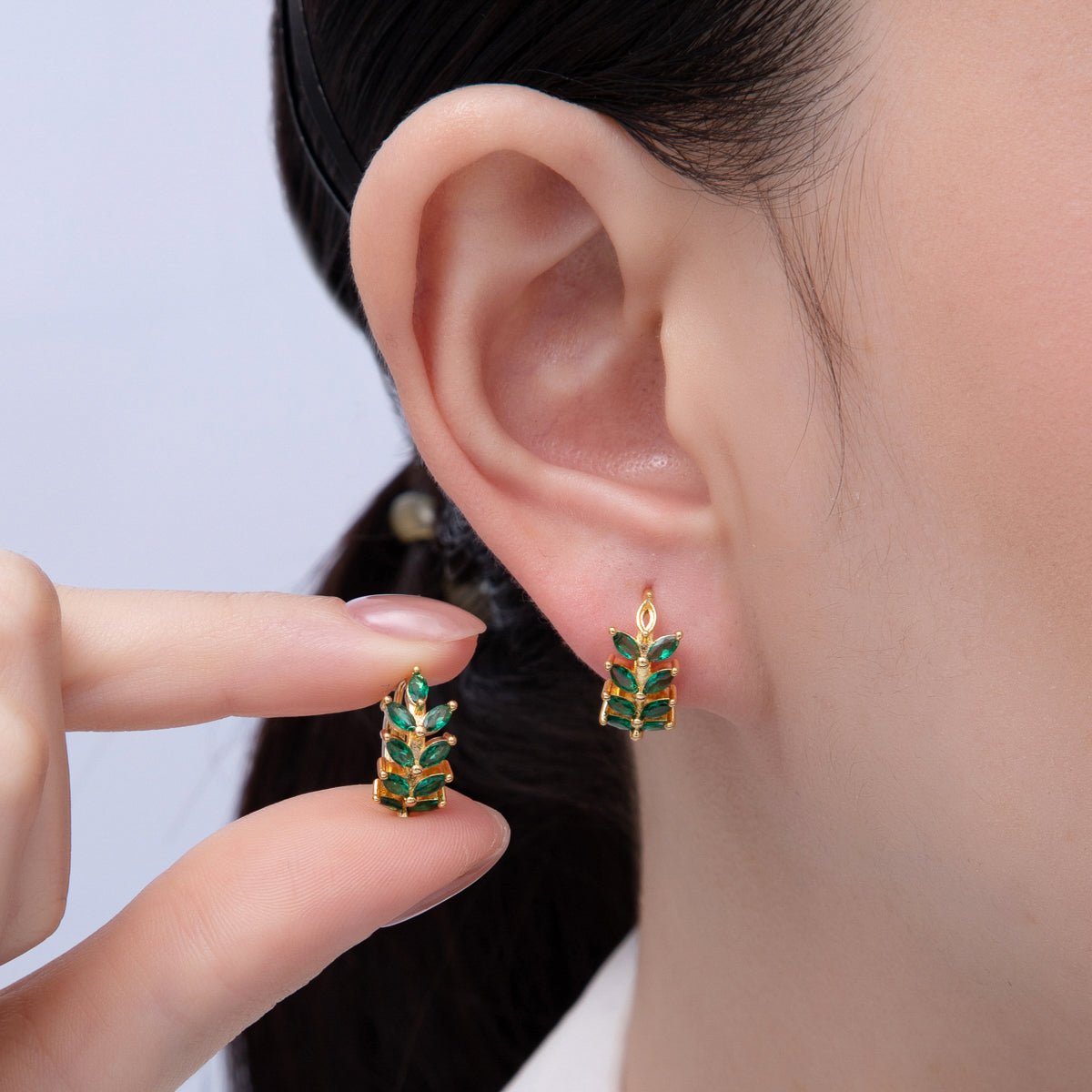 18K Gold Filled 15mm Green Red CZ Olive Sparkling Leaf Hoop Earrings | EARRINGS 00037 - 00038 - DLUXCA