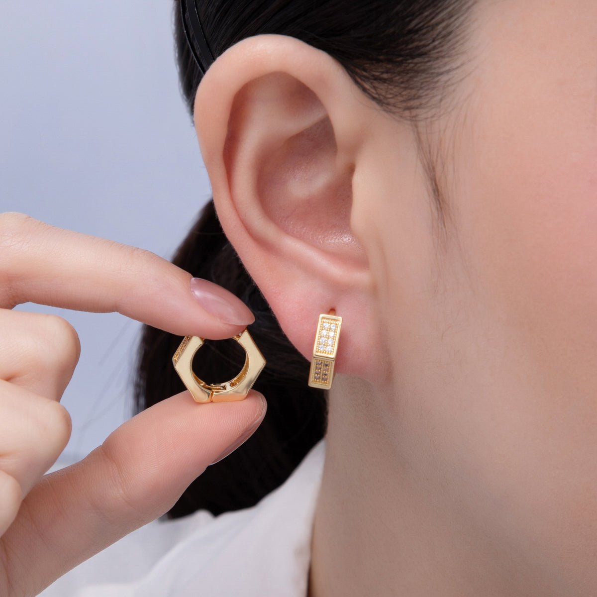 18K Gold Filled 15mm Micro Paved CZ Hexagon Cartilage Huggie Earrings | T341 - DLUXCA