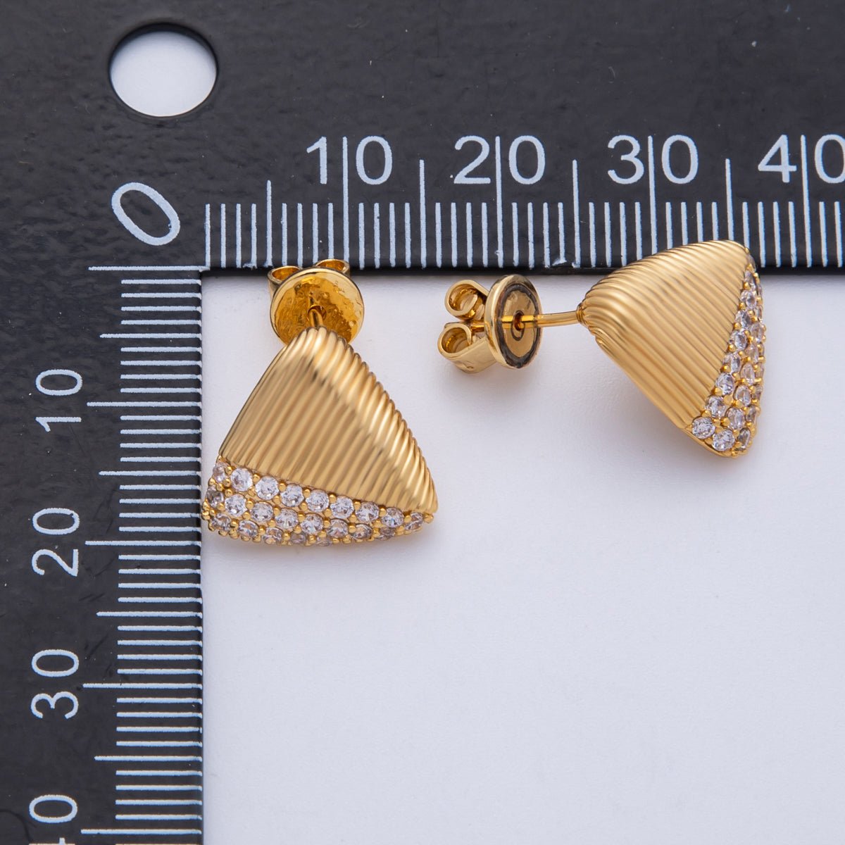 18K Gold Filled 15mm Micro Paved CZ Ribbed Triangle Stud Earrings | Earrings - 00192 - DLUXCA