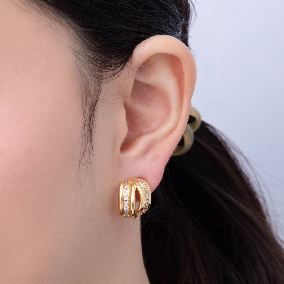 18K Gold Filled 15mm Micro Paved Double Band C - Shaped Hoop Earrings | AD1609 - DLUXCA
