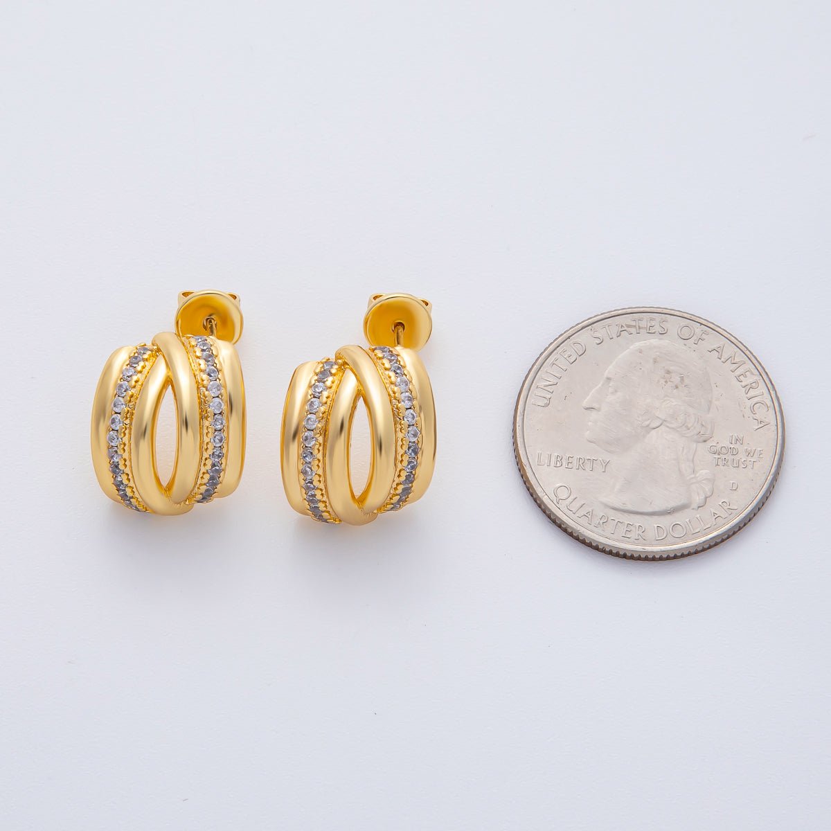 18K Gold Filled 15mm Micro Paved Double Band C - Shaped Hoop Earrings | AD1609 - DLUXCA