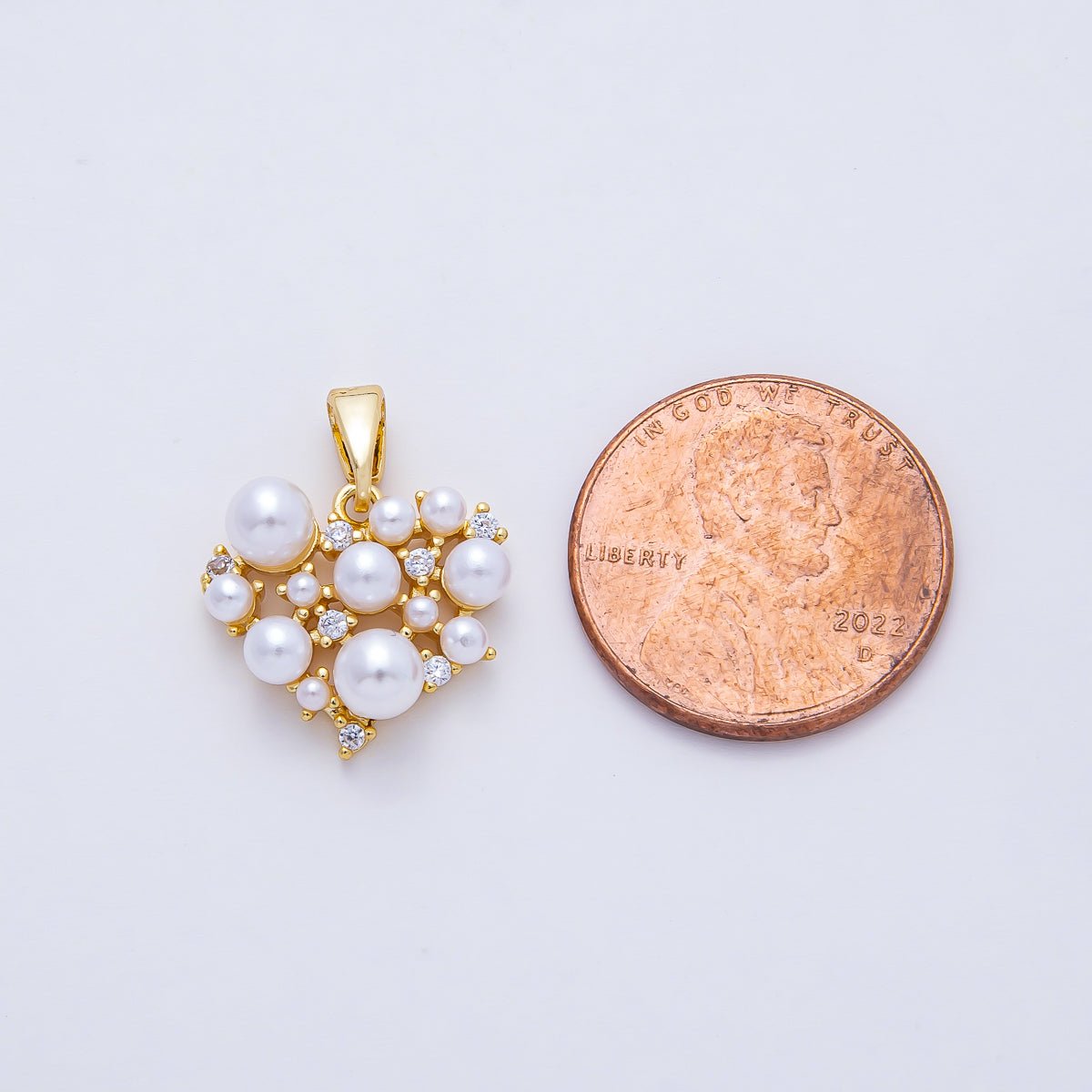 18K Gold Filled 15mm Mix Shell Pearl and CZ Dotted Heart Pendant Charm | AF1180 - DLUXCA