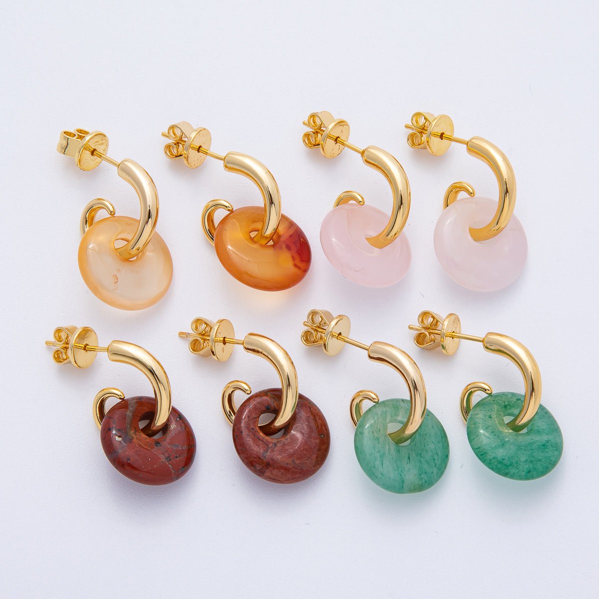 18K Gold Filled 15mm Natural Gemstone Curled C - Shaped Drop Hoop Earrings | AD1668 - AD1671 - DLUXCA
