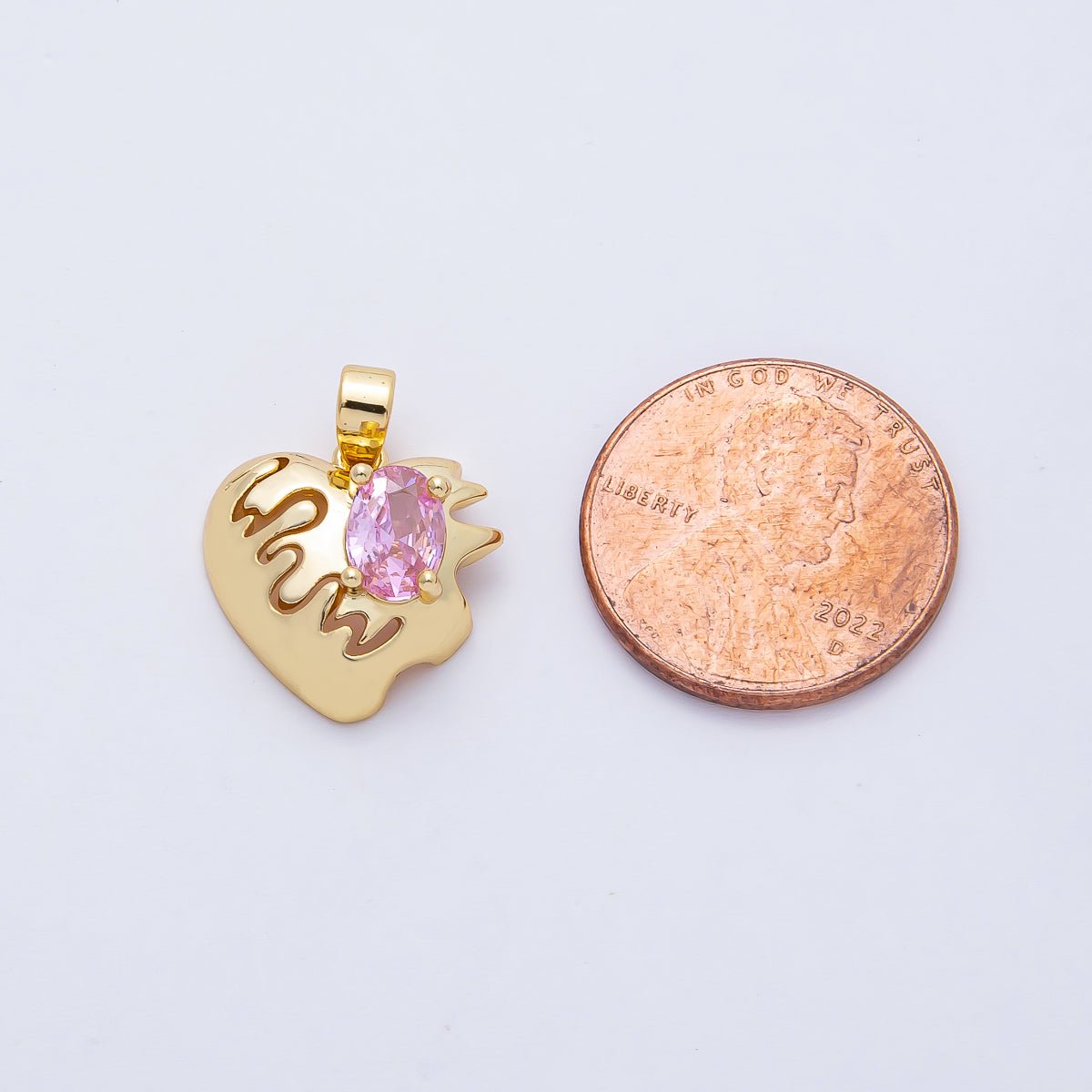 18K Gold Filled 15mm Pulse Heartbeat with Pink Oval CZ Heart Pendant Charm | AF1178 - DLUXCA