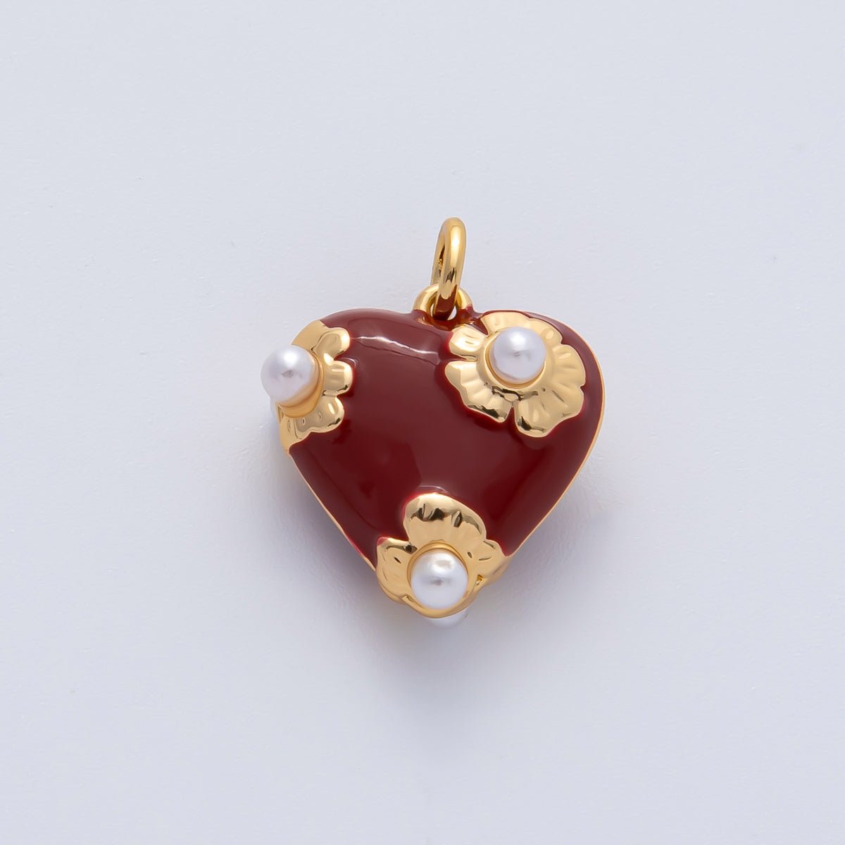 18K Gold Filled 15mm White, Red Shell Pearl Flower Chubby Heart Multidimensional 3D Charm | AF1429 - DLUXCA