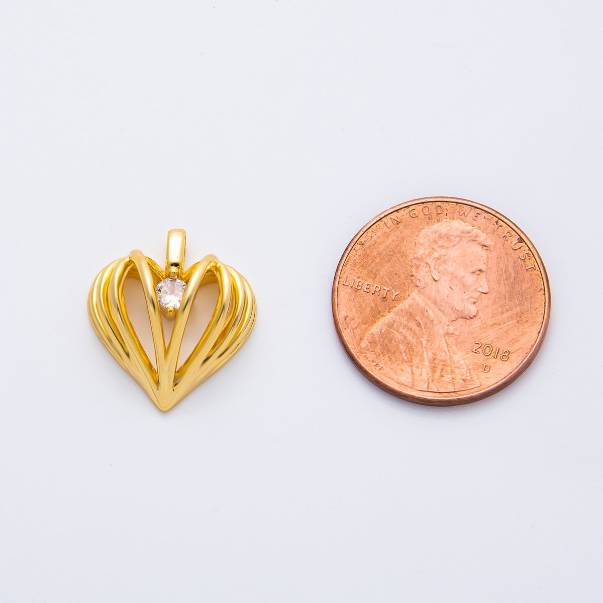 18K Gold Filled 16.2mm CZ Ribbed Geometric Heart Charm in Gold & Silver | AF1356 - DLUXCA