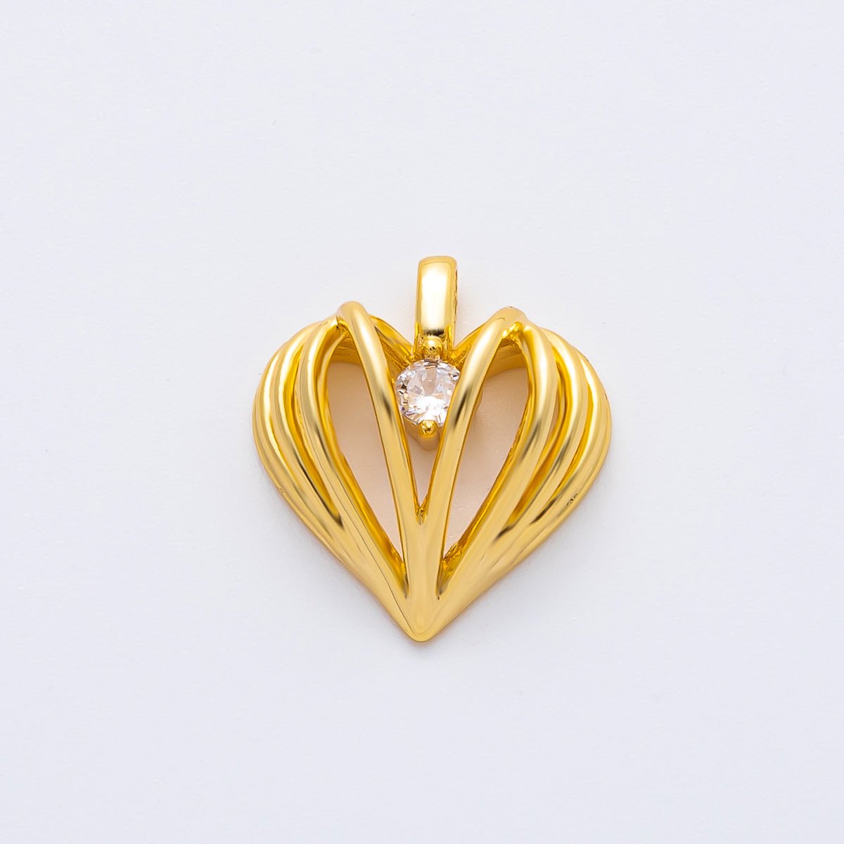 18K Gold Filled 16.2mm CZ Ribbed Geometric Heart Charm in Gold & Silver | AF1356 - DLUXCA