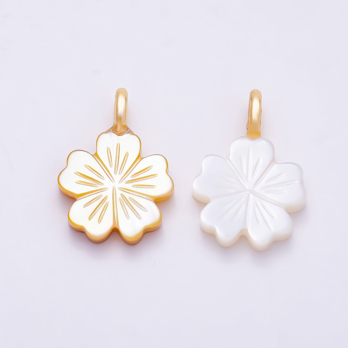 18K Gold Filled 16.5mm Lined Shell Pearl Flower Double Sided Pendant | Charms-01323 - DLUXCA