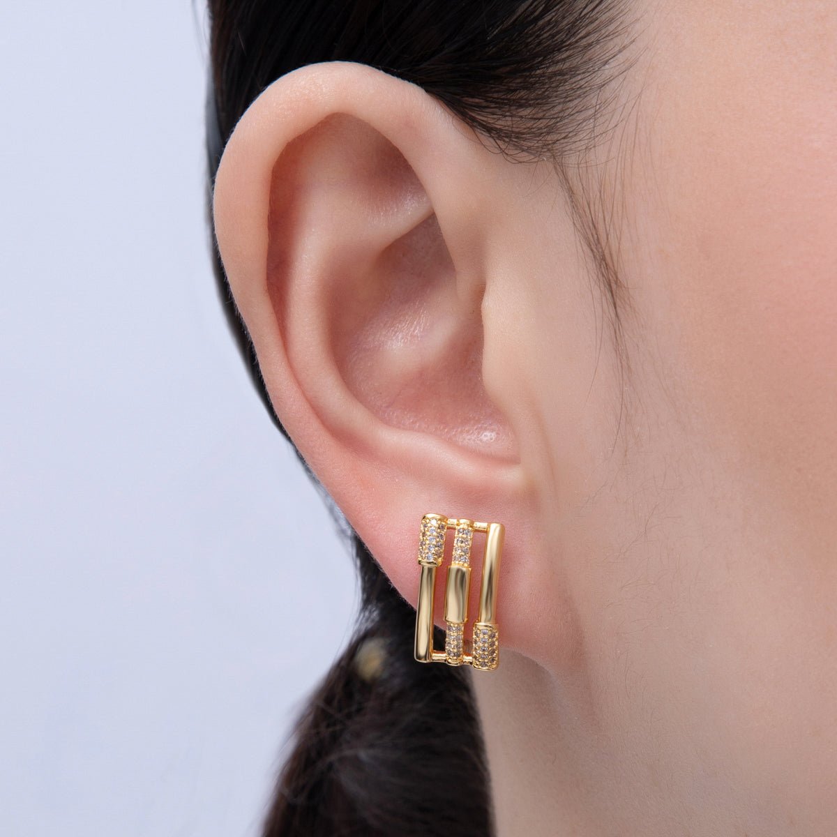 18K Gold Filled 16.5mm Micro Paved CZ Triple Band Oblong English Lock Hoop Earrings | AE827 - DLUXCA