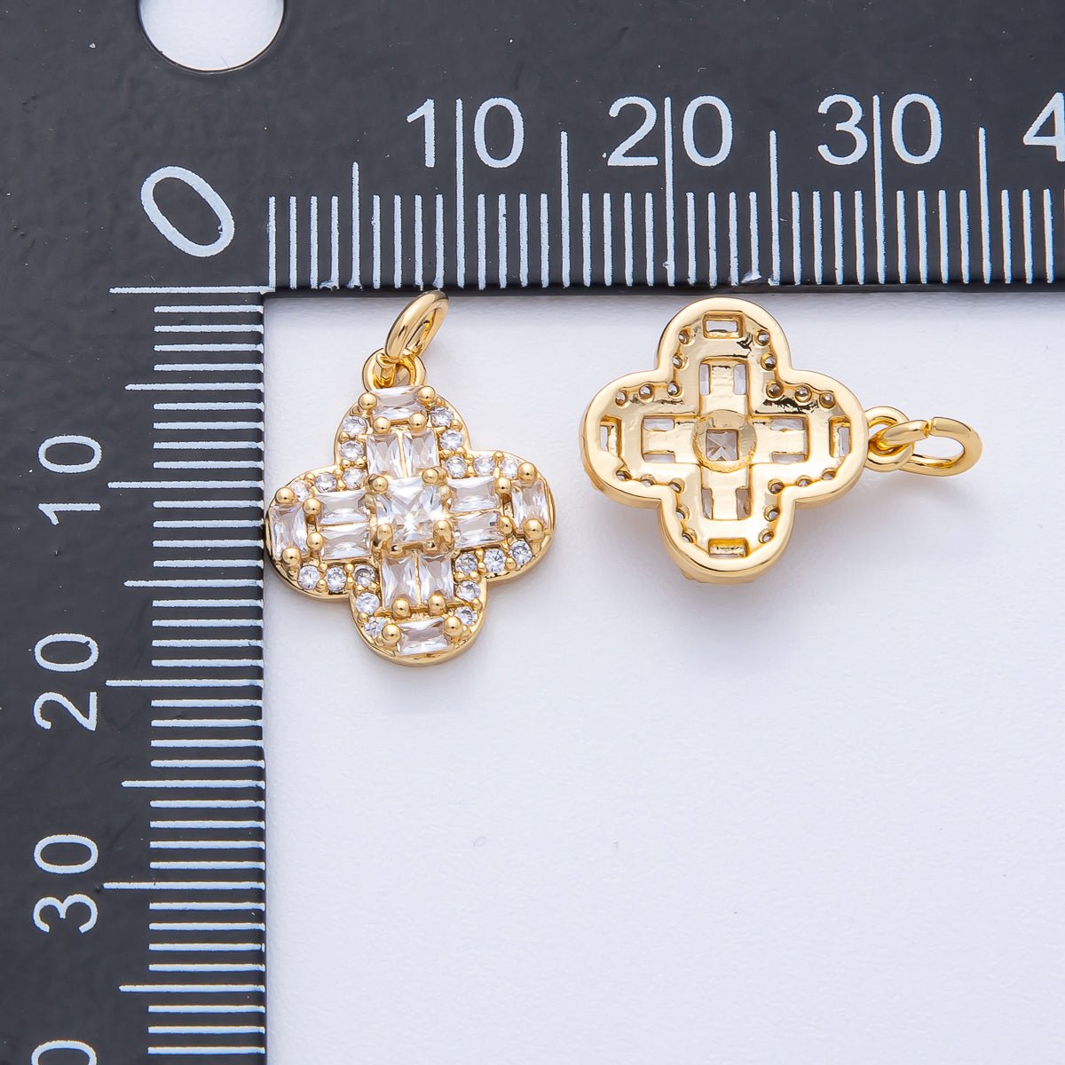 18K Gold Filled 16mm Clear Baguette Micro Paved CZ Clover Flower Charm | AK171 - DLUXCA
