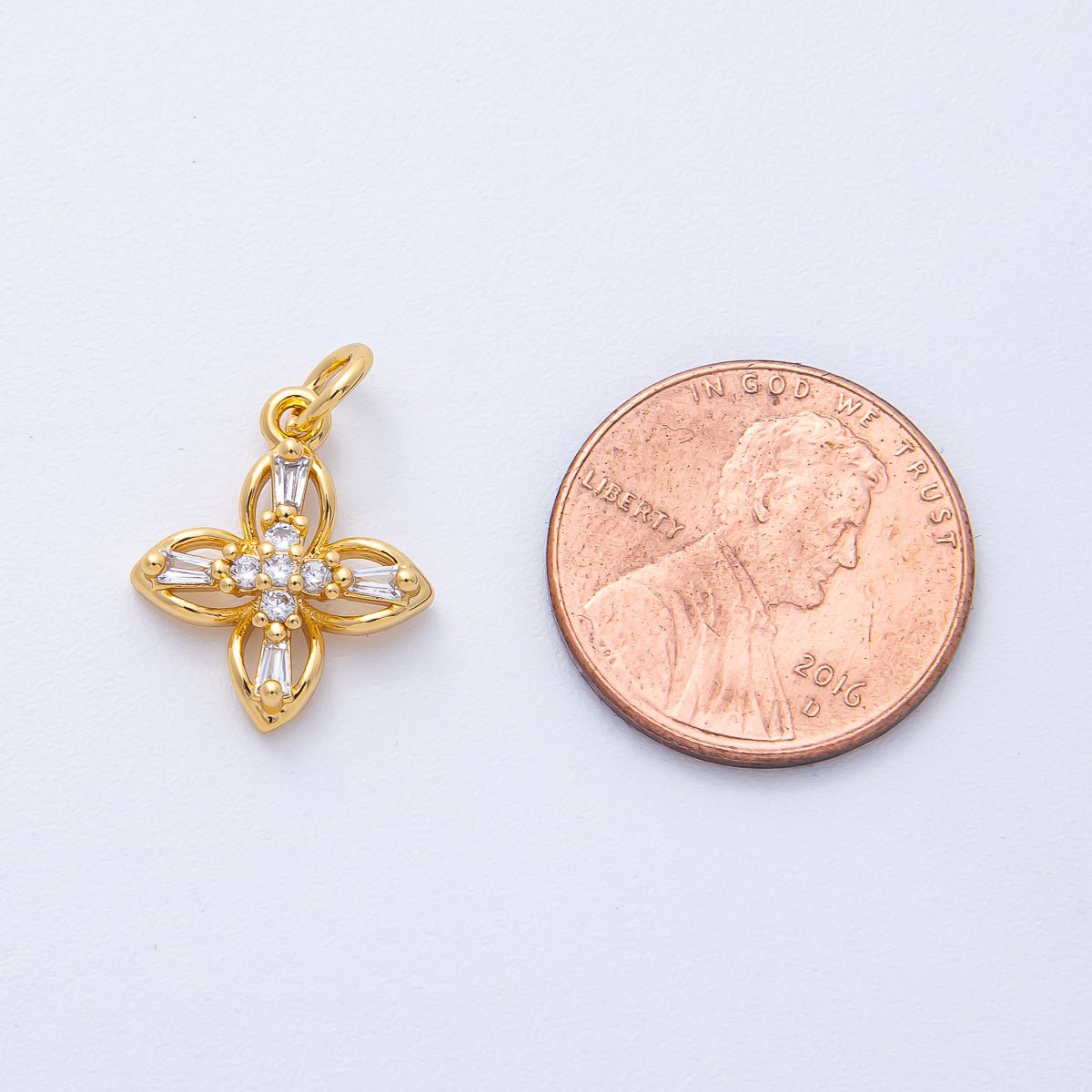 18K Gold Filled 16mm Clear Baguette Micro Paved CZ Clover Flower Charm | AK176 - DLUXCA