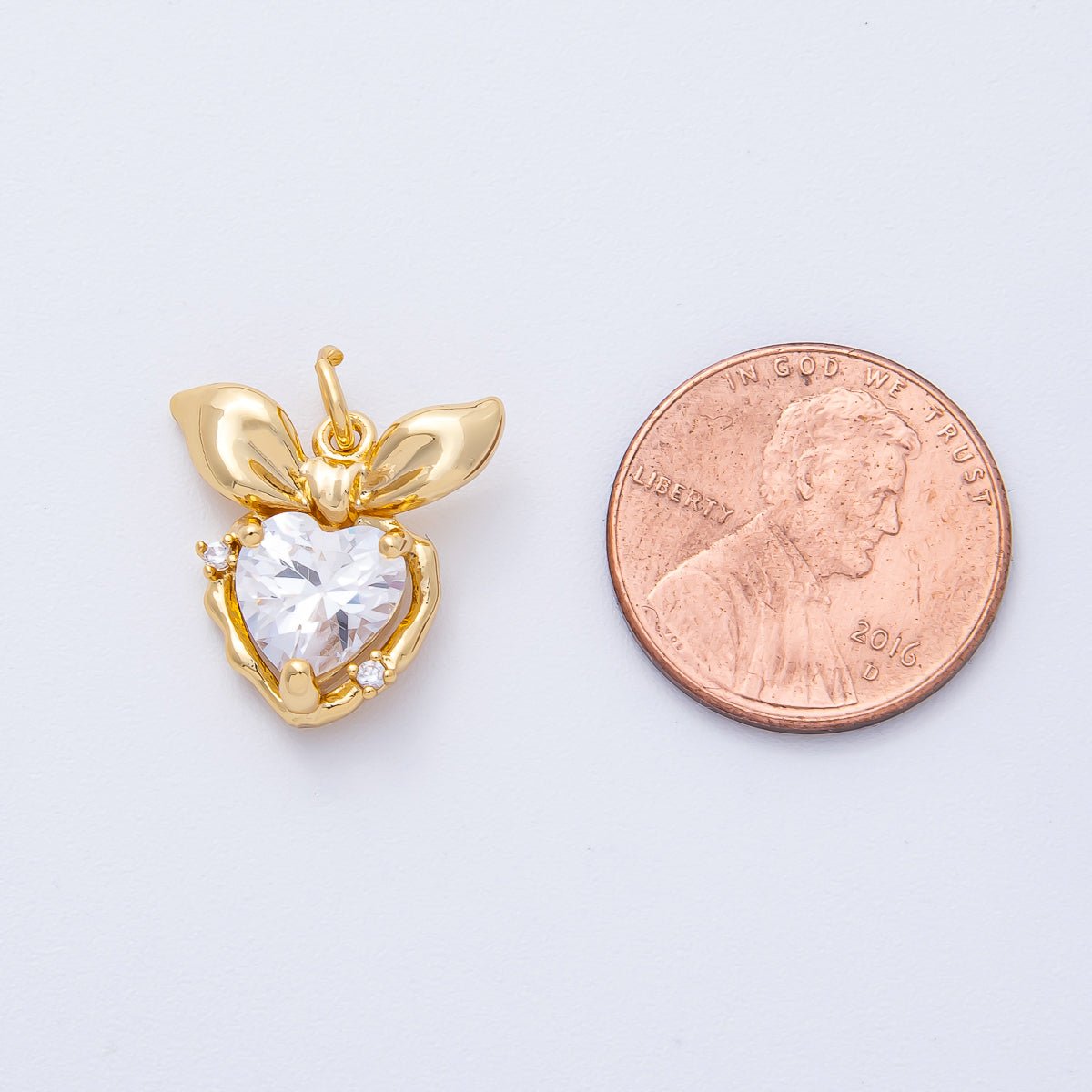 18K Gold Filled 16mm Clear CZ Ribbon Bow Heart Charm | AK195 - DLUXCA