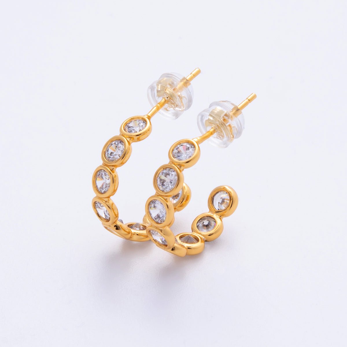 18K Gold Filled 16mm Clear CZ Round Bezel C - Shaped Hoop Earrings | AB1684 - DLUXCA