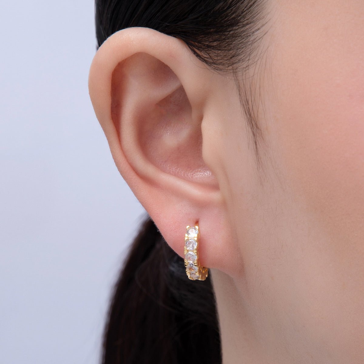 18K Gold Filled 16mm Clear Micro Paved CZ Cartilage Huggie Earrings | T451 - DLUXCA