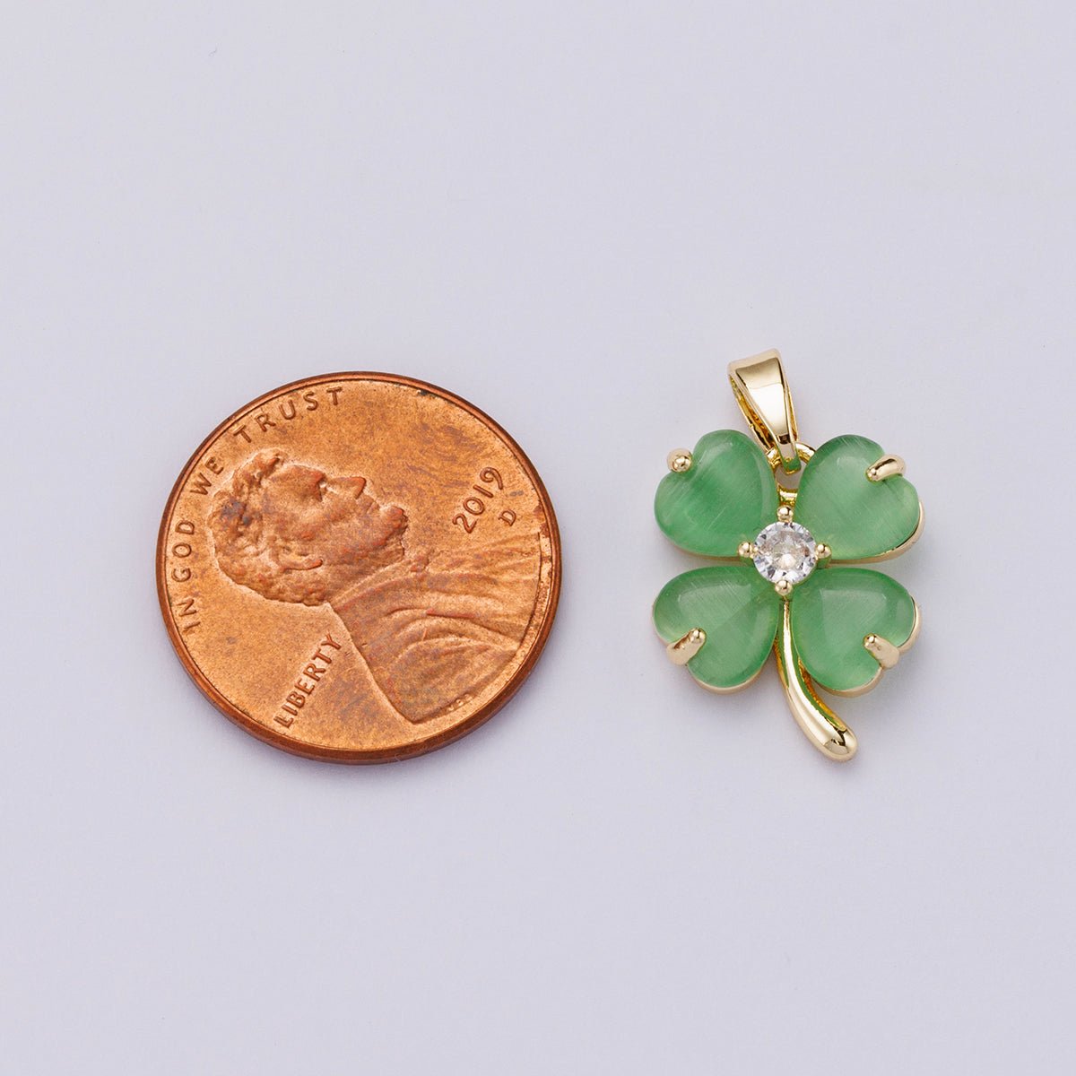 18K Gold Filled 16mm Green Heart Gemstone Four Leaf Lucky Clover Pendant | Charms - 00447 - DLUXCA