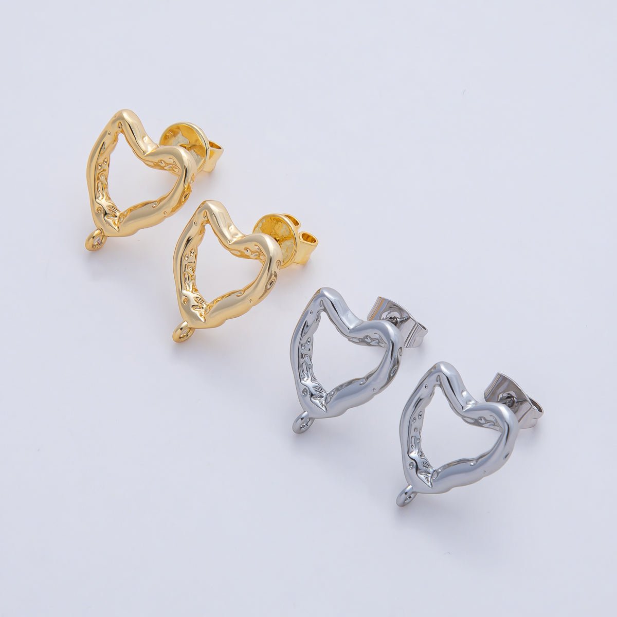 18K Gold Filled 16mm Hammered Heart Drop Stud Earring Findings in Gold & Silver | Z1639 - DLUXCA