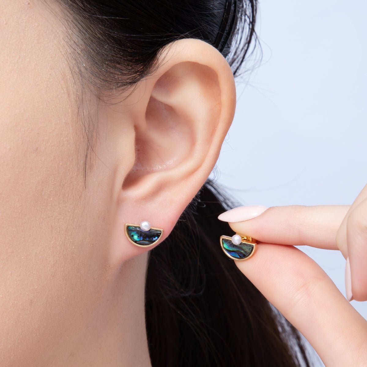 18K Gold Filled 16mm Shell Pearl Abalone Half Fan Stud Earrings | AB1673 - DLUXCA
