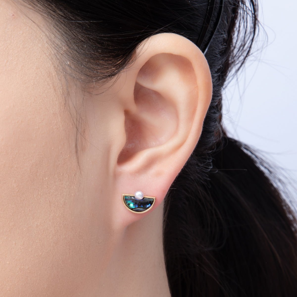 18K Gold Filled 16mm Shell Pearl Abalone Half Fan Stud Earrings | AB1673 - DLUXCA