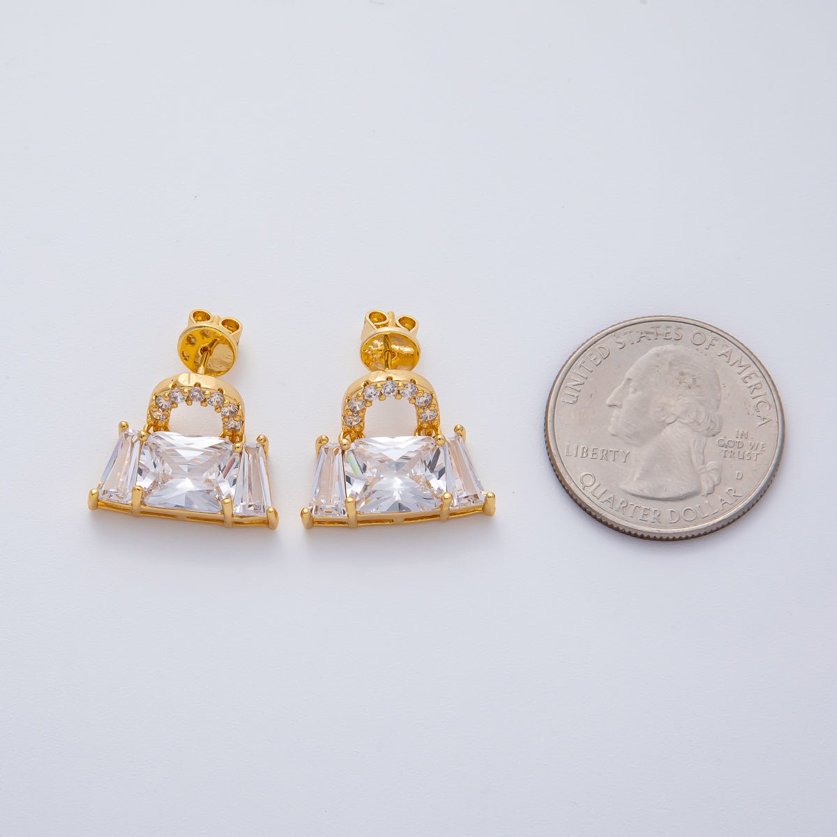 18K Gold Filled 17.5mm Clear Baguette Micro Paved CZ Purse Bag Stud Earrings | AD1623 - DLUXCA