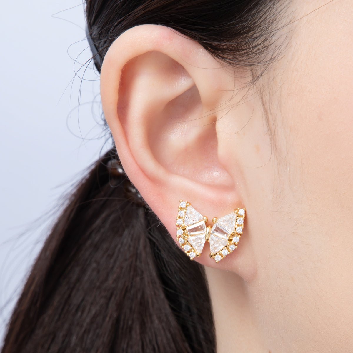 18K Gold Filled 17.5mm Clear CZ Baguette Butterfly Stud Earrings | Earrings - 00107 - DLUXCA