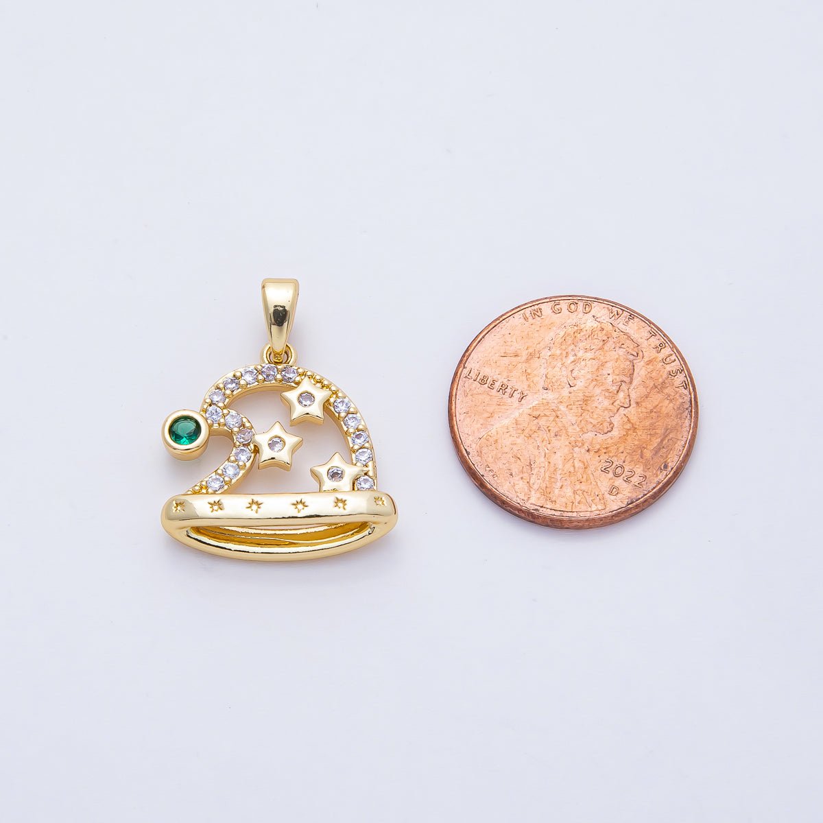 18K Gold Filled 17.5mm Green, Micro Paved CZ Starry Santa's Hat Christmas Holiday Pendant | AF1165 - DLUXCA