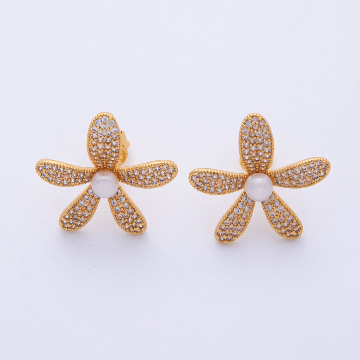 18K Gold Filled 17.5mm Shell Pearl Micro Paved CZ Flower Stud Earrings | Q416 - DLUXCA