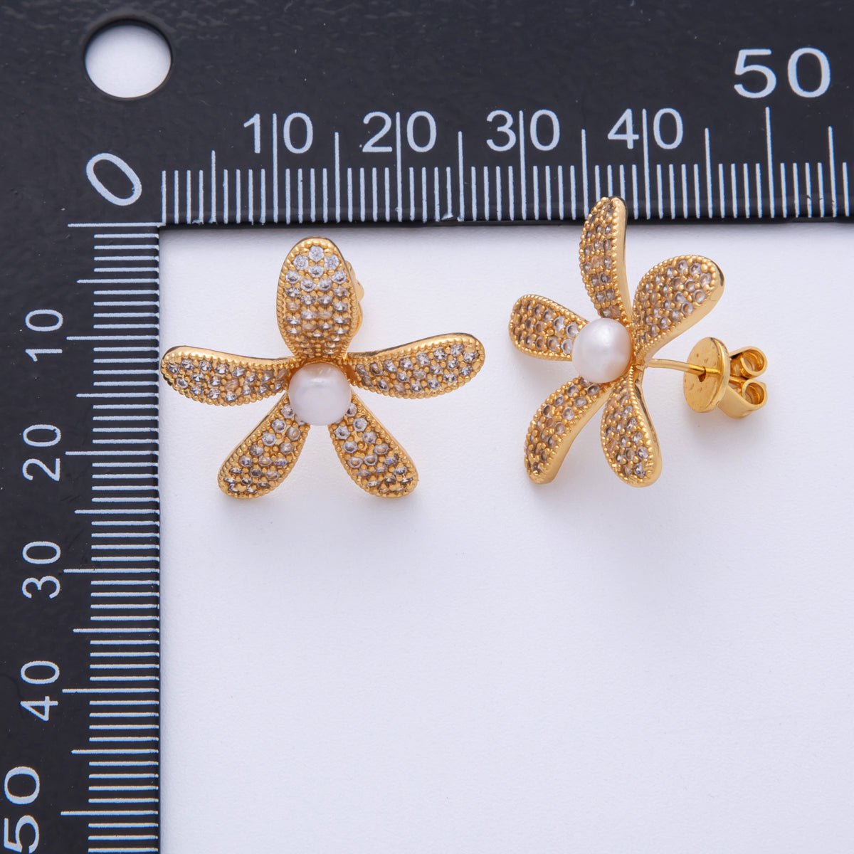 18K Gold Filled 17.5mm Shell Pearl Micro Paved CZ Flower Stud Earrings | Q416 - DLUXCA