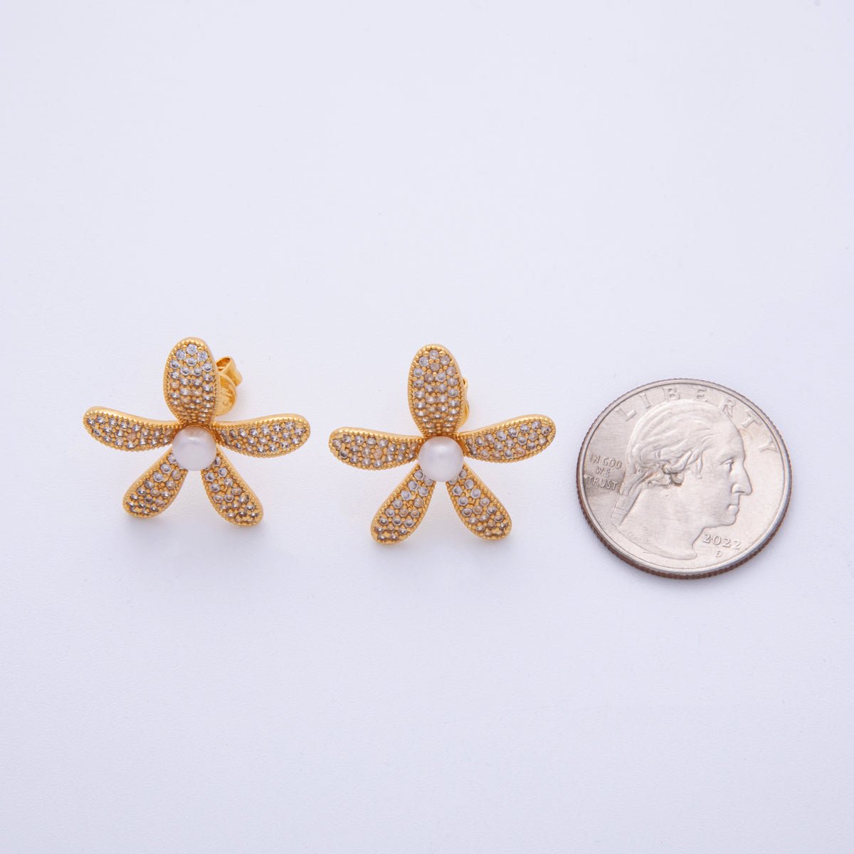 18K Gold Filled 17.5mm Shell Pearl Micro Paved CZ Flower Stud Earrings | Q416 - DLUXCA