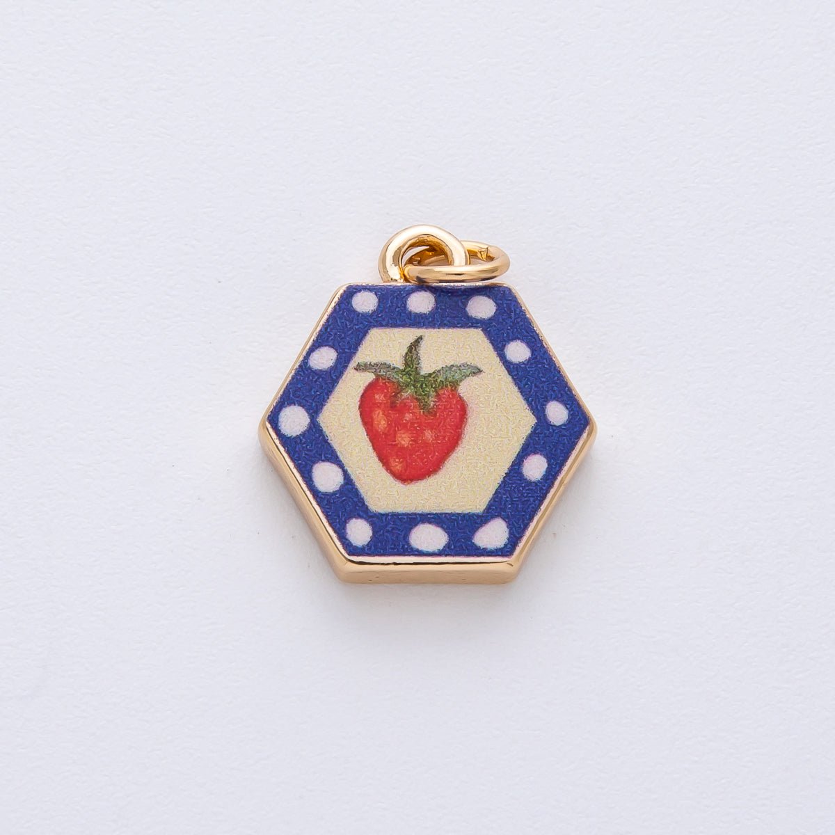 18K Gold Filled 17.5mm Strawberry Fruit Blue Hexagon Charm | AF1603 - DLUXCA