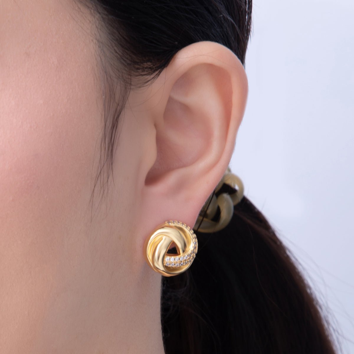 18K Gold Filled 17.5mm Triple Knot Micro Paved CZ Stud Earrings | AD1633 - DLUXCA