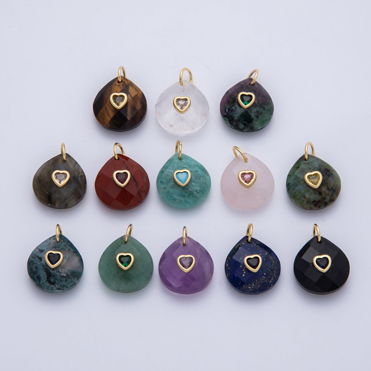 18K Gold Filled 17.8mm Heart Embedded Natural Gemstone Teardrop Charm | CHARMS - 00002 - CHARMS - 00014 - DLUXCA