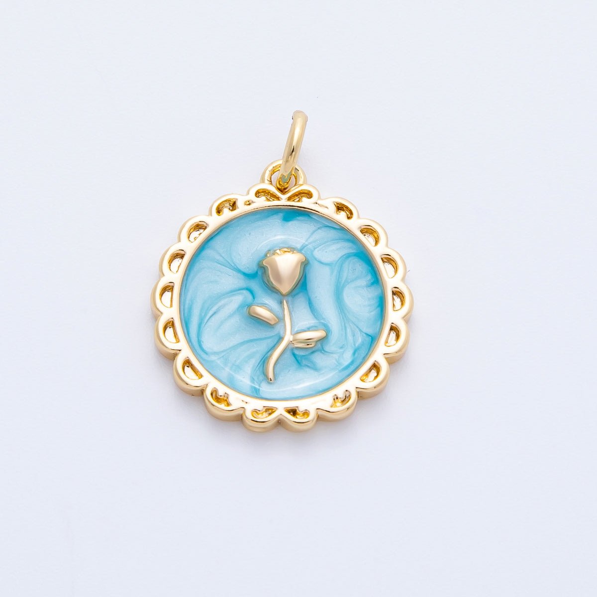 18K Gold Filled 17mm Blue, Pink, White Glitter Enamel Rose Flower Enamel Stamped Round Charm | CHARMS - 00314 ~ CHARMS - 00316 - DLUXCA