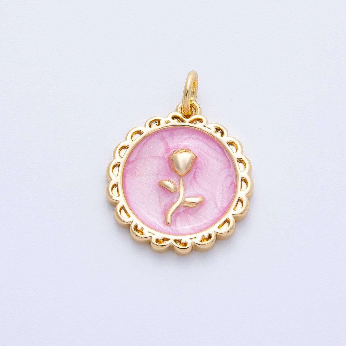 18K Gold Filled 17mm Blue, Pink, White Glitter Enamel Rose Flower Enamel Stamped Round Charm | CHARMS - 00314 ~ CHARMS - 00316 - DLUXCA