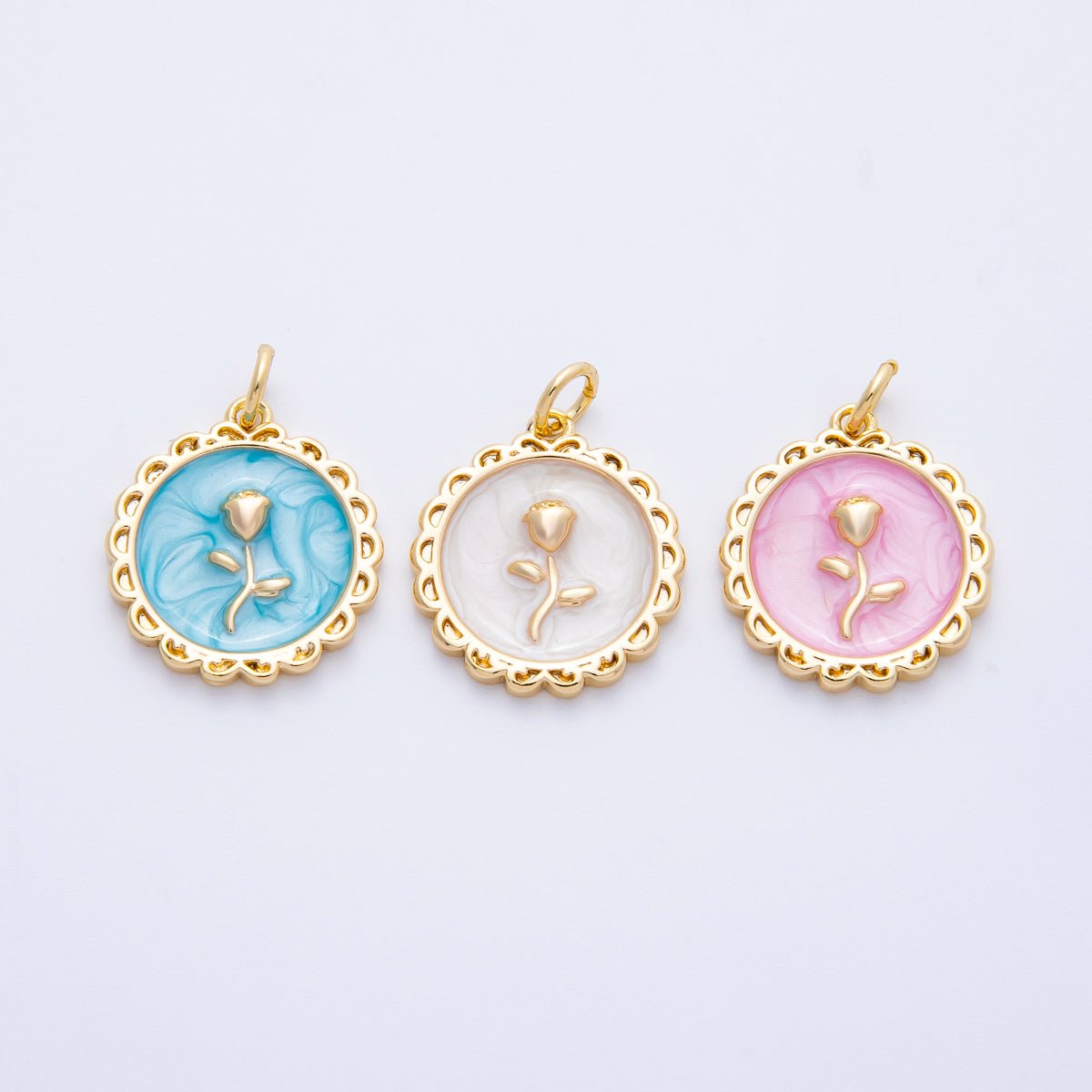 18K Gold Filled 17mm Blue, Pink, White Glitter Enamel Rose Flower Enamel Stamped Round Charm | CHARMS - 00314 ~ CHARMS - 00316 - DLUXCA